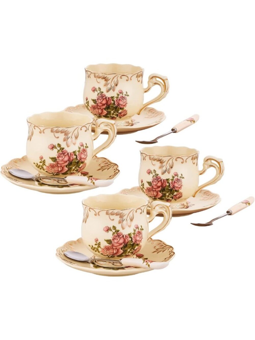 Elegant Pink Rose Tea Cups and Saucers Set of 4 - 8 Oz Vintage Floral Design